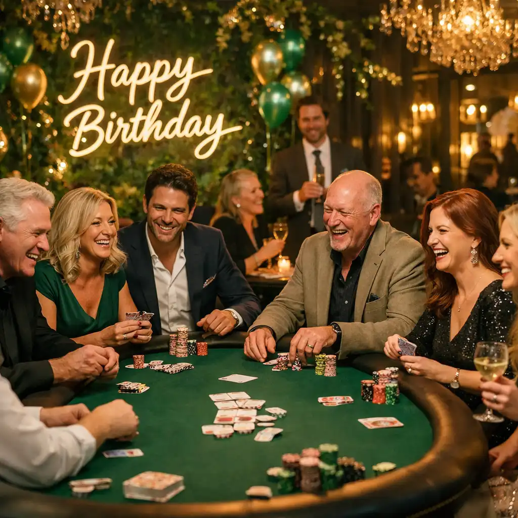 Table de poker élégante dressée pour un anniversaire premium Fiabellis