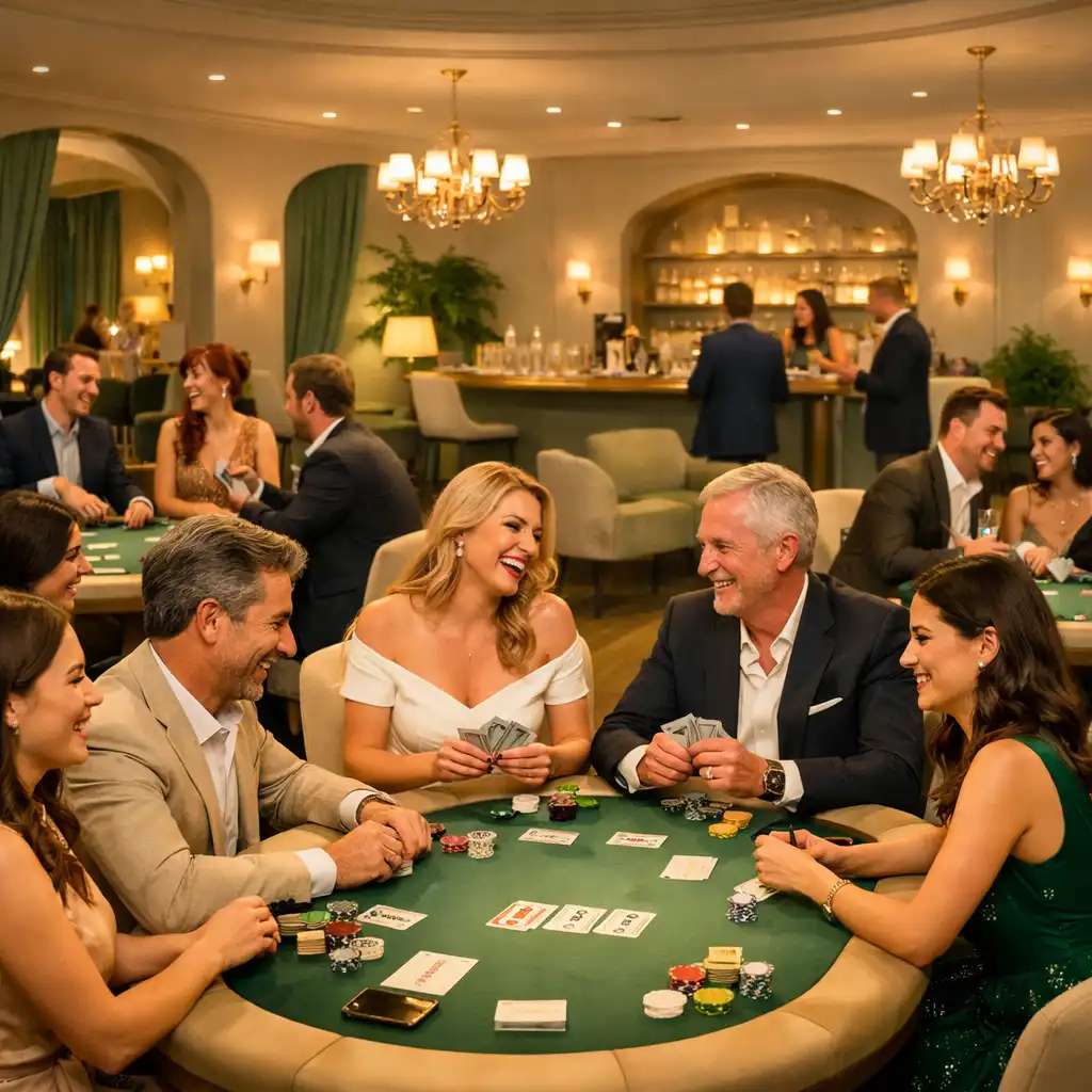 Table de poker élégante lors d’une soirée Fiabellis avec invités souriants