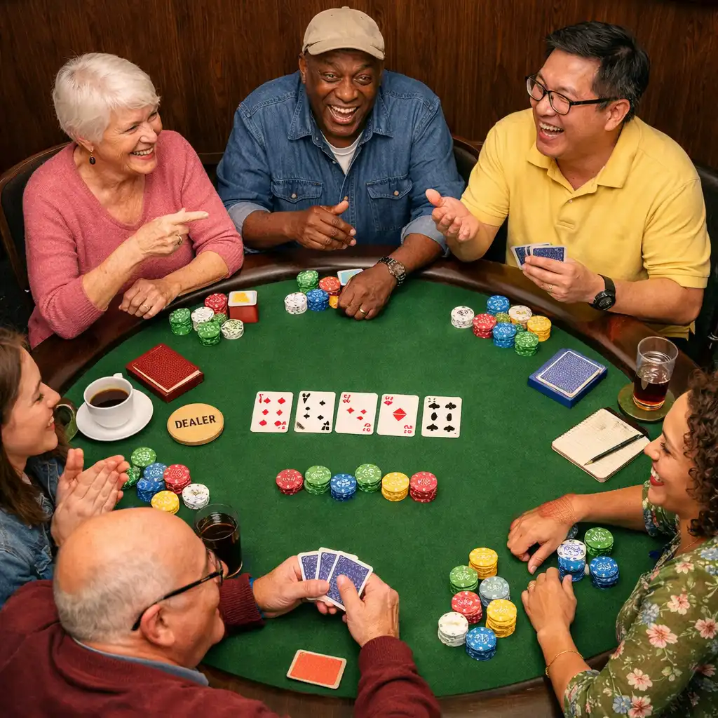 Vue rapprochée d'une table de poker Fiabellis avec tapis vert et jetons colorés