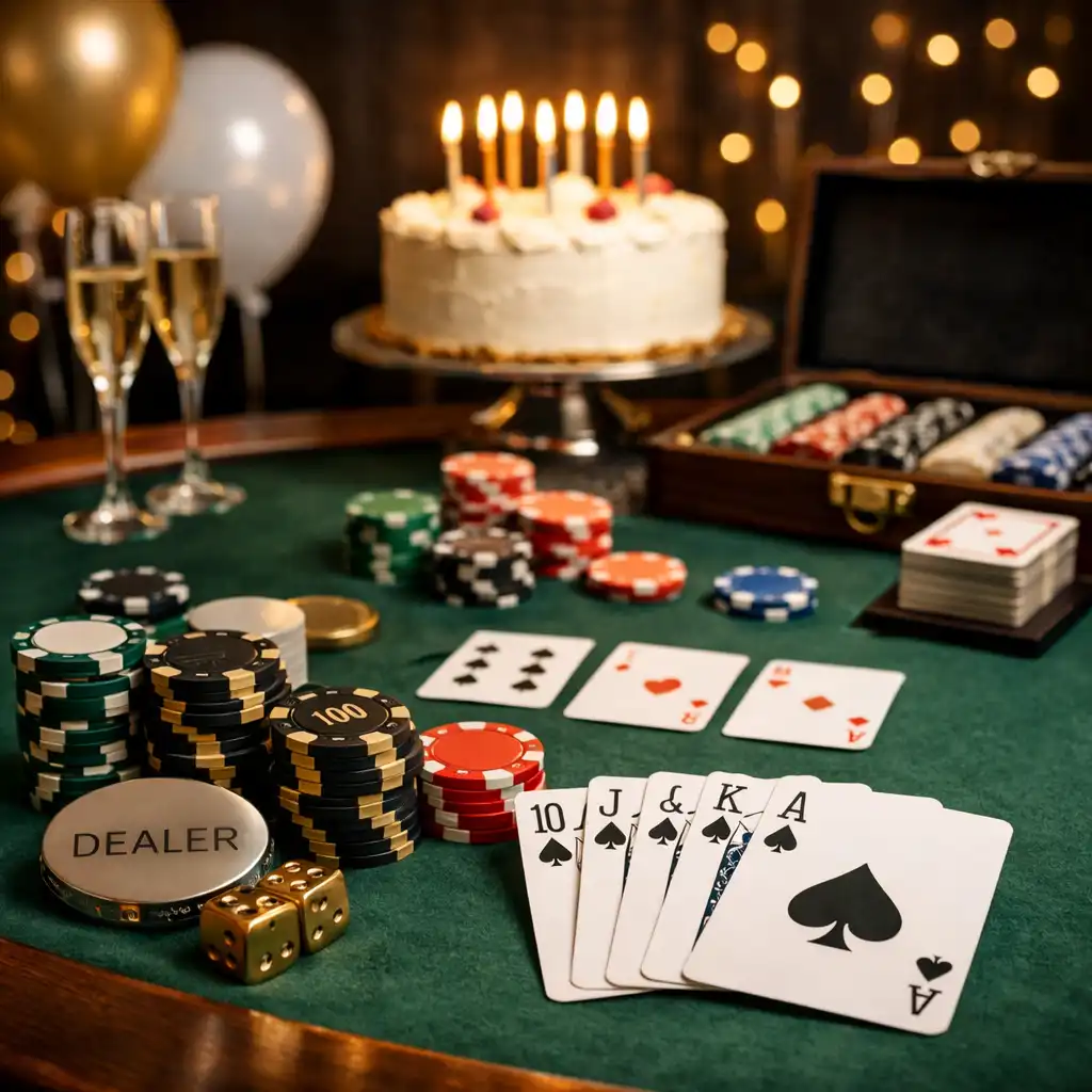 Invités rassemblés autour d'une table de poker lors d'un anniversaire Fiabellis