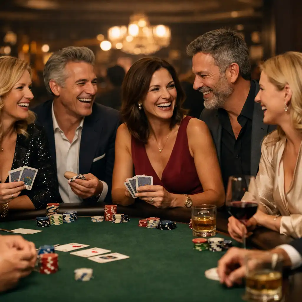 Groupe d'invités souriants partageant une partie de poker Fiabellis