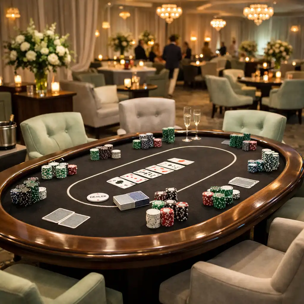 Table de poker Fiabellis élégamment dressée dans une ambiance lumineuse raffinée
