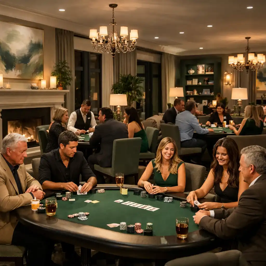 Invités rieurs autour d'une table de poker Fiabellis