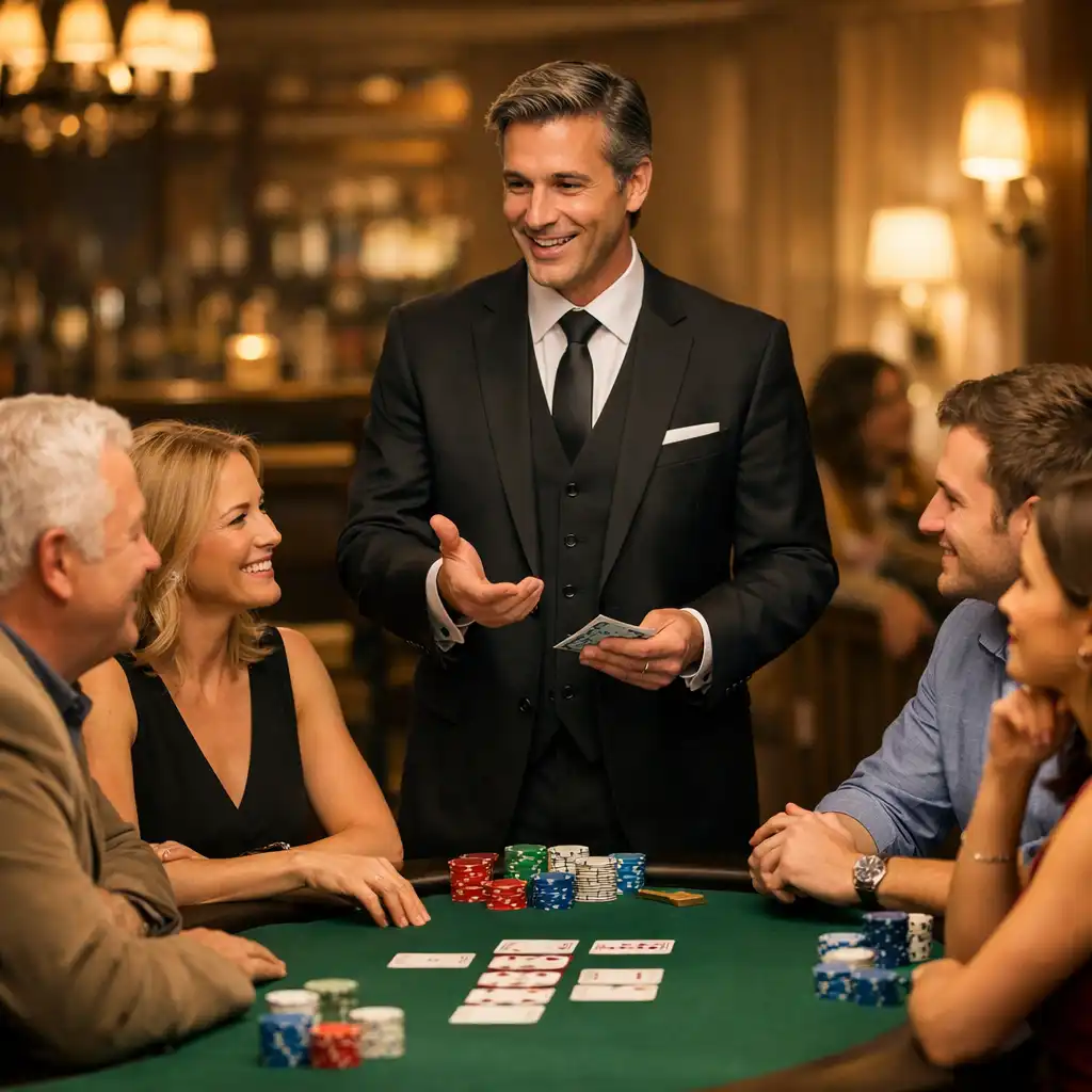 Animateur Fiabellis expliquant les règles du poker à des invités autour d'une table