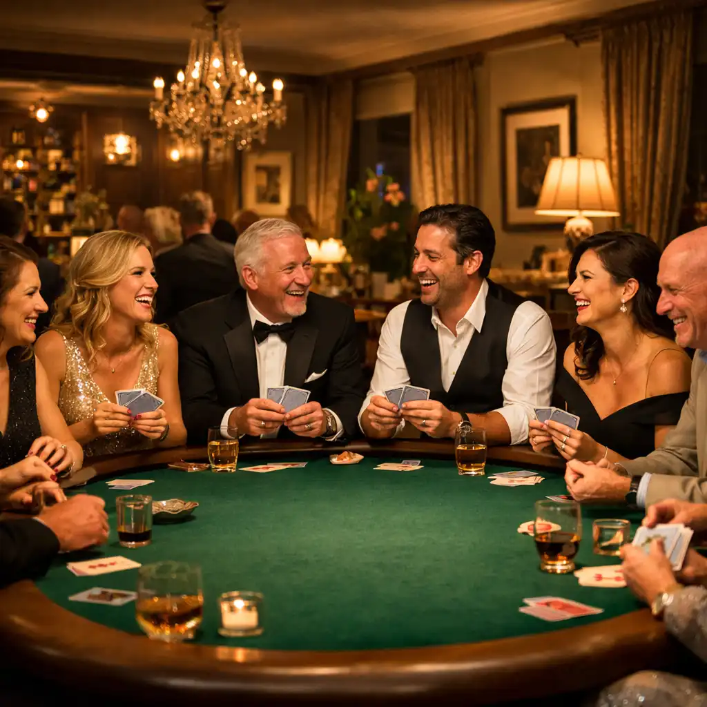 Table de poker Fiabellis avec invités élégants et ambiance lumineuse chaleureuse