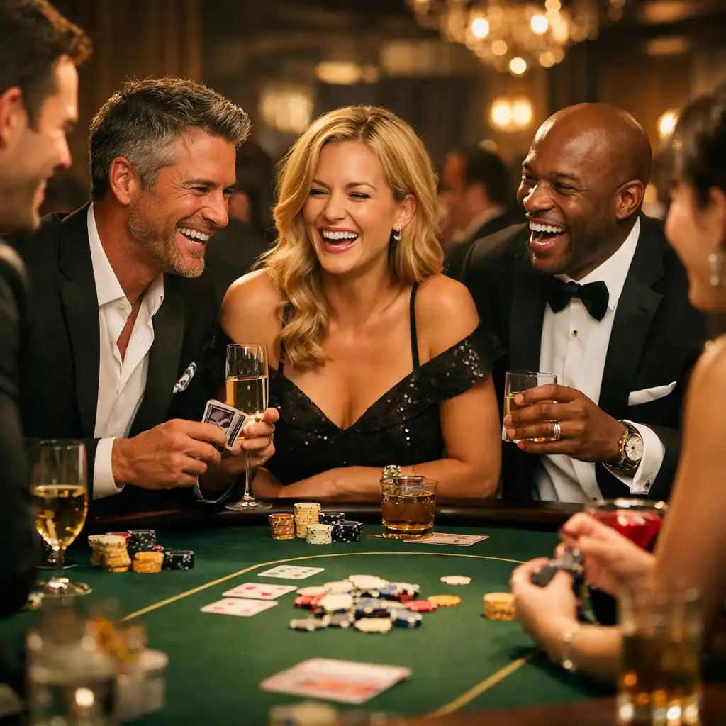 Invités élégants réunis autour d’une table de poker VIP Fiabellis